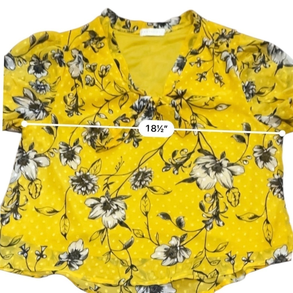 Retrology retro floral yellow blouse Women PL rushed short sleeves V- neck bow - Picture 12 of 16